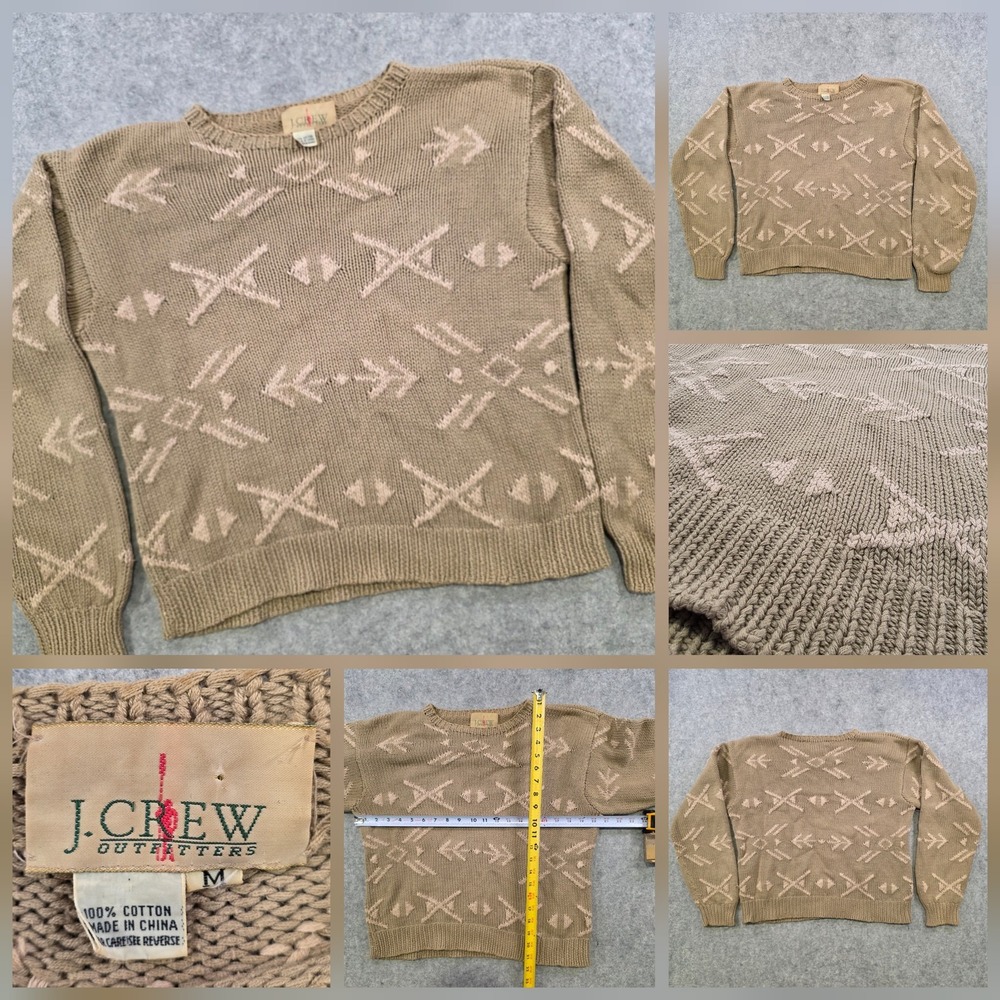 J.Crew‎ Sweater Womens Medium Beige Cotton Aztec Tribal Knit Crewneck Pullover